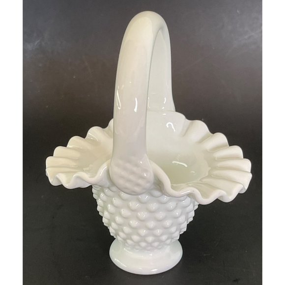 Fenton Milk Glass Bride Flower Basket Hobnail Ruffle Vintage 50's 5.5" x 4.5" - Picture 2 of 10